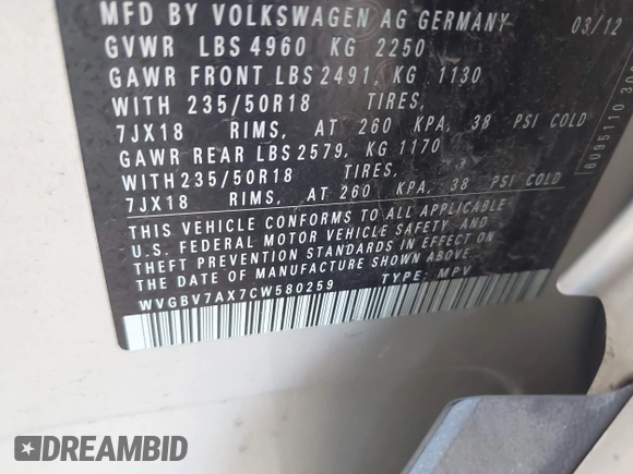 2012 Volkswagen Tiguan SE with VIN WVGBV7AX7CW580259, listed as a IAAI auction lot 42719624 with 94,710 mi miles and . Bid and sale history available at DreamBid. Image 9.