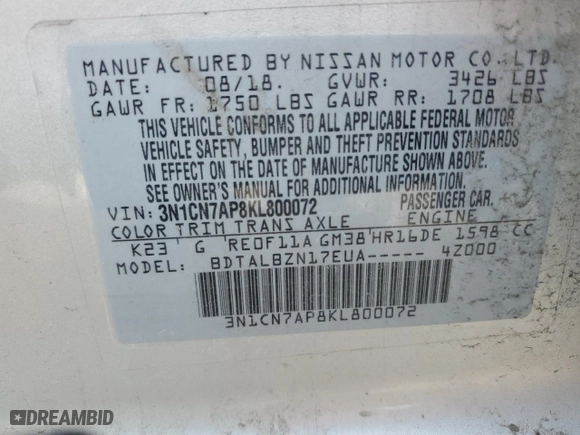 2019 Nissan Versa Sedan SV with VIN 3N1CN7AP8KL800072, listed as a Copart auction lot 50258225 with 36,604 mi miles and Salvage Title. Bid and sale history available at carsss.com. Image 14.
