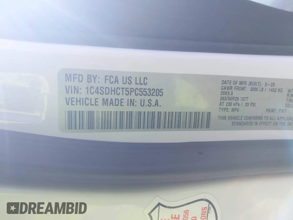 2023 Dodge Durango R/T Plus with VIN 1C4SDHCT5PC553205, listed as a IAAI auction lot 41740140 with 63,083 mi miles and . Bid and sale history available at DreamBid. Image 9.