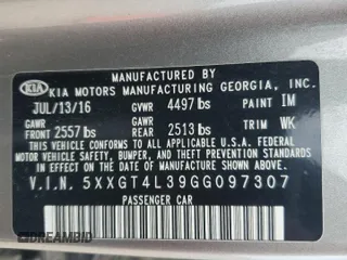 2016 Kia Optima LX z VIN 5XXGT4L39GG097307, wystawiony jako Copart lot #56001485 z przebiegiem 132 244 mil mil oraz Czysty tytuł • Clean title. Historia ofert i sprzedaży dostępna na DreamBid. Obrazek 12.