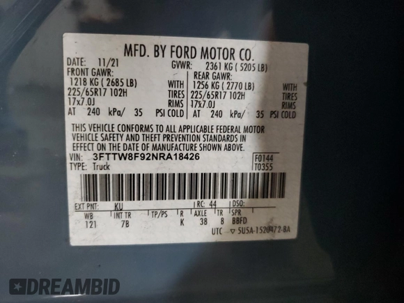 2022 Ford Maverick XL with VIN 3FTTW8F92NRA18426, listed as a Copart auction lot 53535715 with 42,064 mi miles and Salvage Title. Bid and sale history available at DreamBid. Image 13.