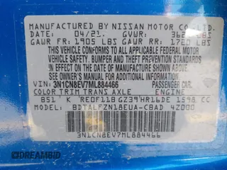 2021 Nissan Versa SV with VIN 3N1CN8EV7ML884466, listed as a IAAI auction lot 39870934 with 31,788 mi miles. Bid and sale history available at carsss.com. Image 9.