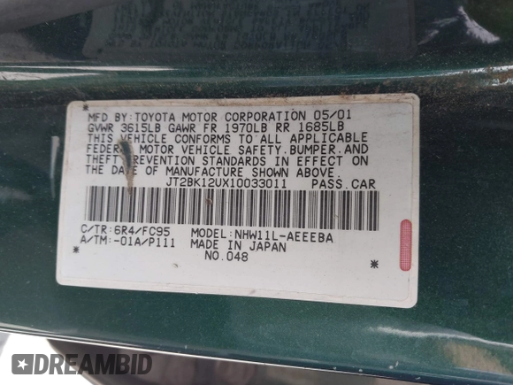 2001 Toyota Prius with VIN JT2BK12UX10033011, listed as a IAAI auction lot 42270936 with 147,675 mi miles and . Bid and sale history available at DreamBid. Image 9.