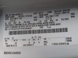 2015 Ford F-150 XL with VIN 1FTEW1CP1FKE64821, listed as a IAAI auction lot 41693457 with 134,240 mi miles. Bid and sale history available at carsss.com. Image 9.