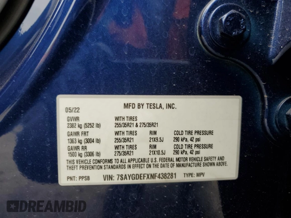 2022 Tesla Model Y Performance with VIN 7SAYGDEFXNF438281, listed as a Copart auction lot 53706435 with Not provided miles and Salvage title. Bid and sale history available at DreamBid. Image 15.