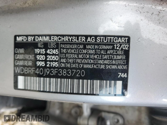 2003 Mercedes-Benz C 230 Kompressor with VIN WDBRF40J93F383720, listed as a Copart auction lot 75665054 with Not Provided miles and Salvage Title. Bid and sale history available at DreamBid. Image 15.
