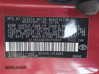 2009 Toyota Camry with VIN 4T1BE46K09U310032, listed as a IAAI auction lot 41653661 with 195,383 mi miles. Bid and sale history available at carsss.com. Image 9.