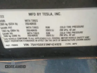 2022 Tesla Model Y Long Range with VIN 7SAYGDEE9NF424928, listed as a IAAI auction lot 41807225 with Not Provided miles and . Bid and sale history available at carsss.com. Image 9.