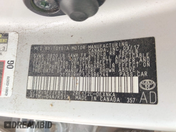 2018 Toyota Corolla L with VIN 2T1BURHE1JC986244, listed as a IAAI auction lot 41942626 with Not provided miles and . Bid and sale history available at DreamBid. Image 9.