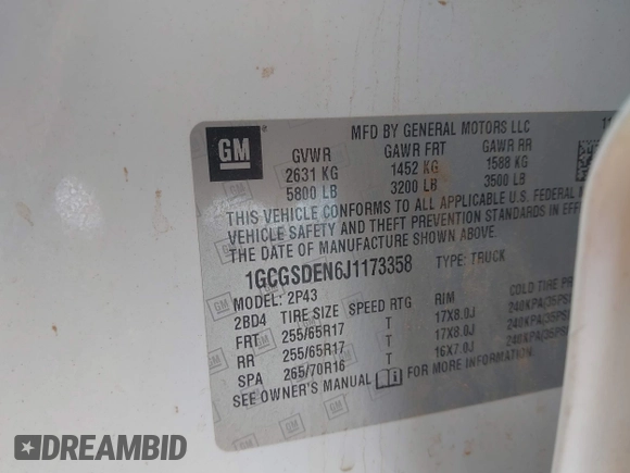 2018 Chevrolet Colorado 2WD Z71 with VIN 1GCGSDEN6J1173358, listed as a IAAI auction lot 41620340 with 93,185 mi miles and . Bid and sale history available at DreamBid. Image 9.
