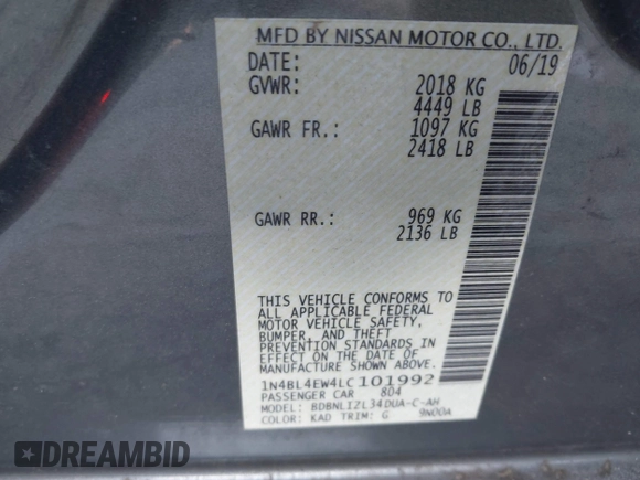 2020 Nissan Altima 2.5 SL with VIN 1N4BL4EW4LC101992, listed as a IAAI auction lot 41509486 with 58,982 mi miles. Bid and sale history available at carsss.com. Image 9.