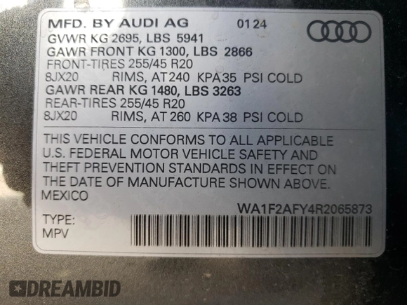 2024 Audi Q5 S line Prestige with VIN WA1F2AFY4R2065873, listed as a Copart auction lot 73585854 with 3,769 mi miles and Salvage Title. Bid and sale history available at carsss.com. Image 14.