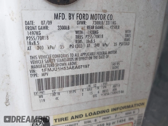 2010 Ford Expedition Eddie Bauer with VIN 1FMJU1H53AEA07197, listed as a IAAI auction lot 41443917 with 181,273 mi miles and . Bid and sale history available at DreamBid. Image 9.