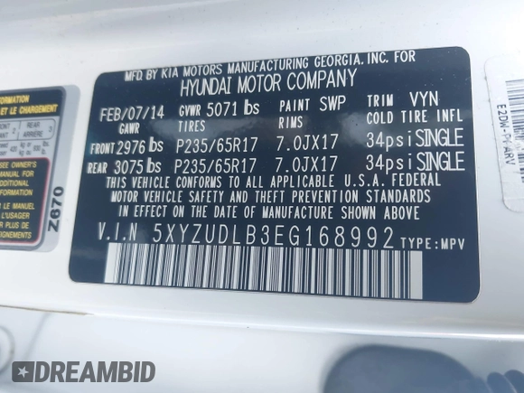 2014 Hyundai Santa Fe Sport with VIN 5XYZUDLB3EG168992, listed as a IAAI auction lot 41902206 with 1 mi miles. Bid and sale history available at carsss.com. Image 9.