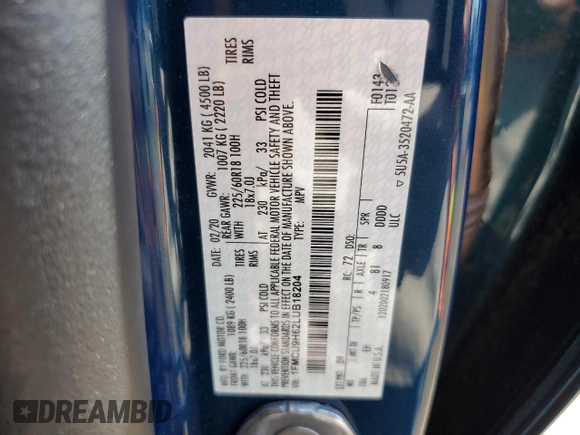 2020 Ford Escape SEL with VIN 1FMCU9H62LUB18204, listed as a Copart auction lot 61348225 with 67,462 mi miles and Salvage title. Bid and sale history available at DreamBid. Image 14.