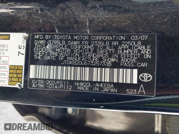 2007 Toyota Prius with VIN JTDKB20U673257335, listed as a IAAI auction lot 42707876 with 206,399 mi miles and . Bid and sale history available at DreamBid. Image 9.