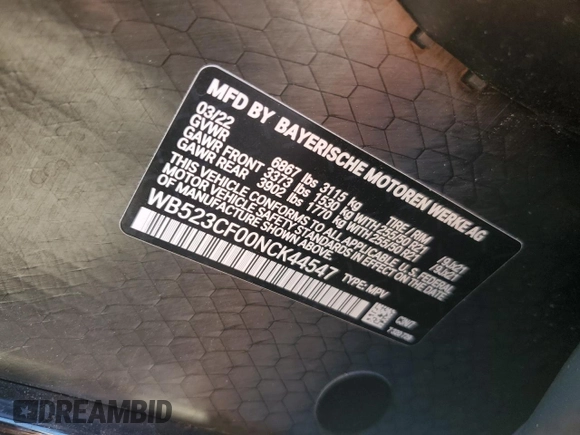 2022 BMW iX xDrive50 с VIN WB523CF00NCK44547, выставлен на аукционе Copart как лот 55262775 с пробегом 22 664 миль миль и Списание • Salvage title. История ставок и продаж доступна на DreamBid. Изображение 12.
