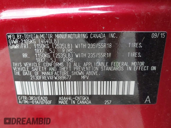 2015 Toyota RAV4 Limited with VIN 2T3DFREVXFW389677, listed as a IAAI auction lot 42699984 with 45,355 mi miles and . Bid and sale history available at DreamBid. Image 9.