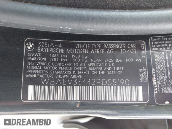 2002 BMW 3 Series 325i with VIN WBAEV33442PD55190, listed as a IAAI auction lot 41838076 with 119,255 mi miles. Bid and sale history available at carsss.com. Image 9.