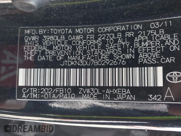 2011 Toyota Prius I z VIN JTDKN3DU7B0292676, wystawiony jako IAAI lot #42025767 z przebiegiem 159 695 mil mil oraz . Historia ofert i sprzedaży dostępna na DreamBid. Obrazek 9.