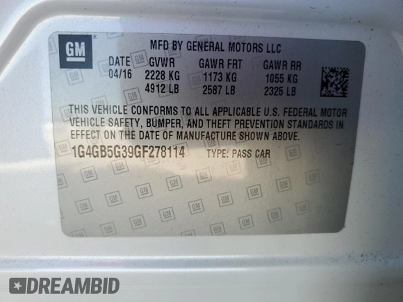 2016 Buick LaCrosse Leather with VIN 1G4GB5G39GF278114, listed as a Copart auction lot 49610425 with 64,823 mi miles and Salvage Title. Bid and sale history available at carsss.com. Image 12.
