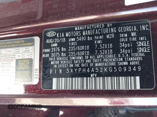 2019 Kia Sorento EX Sport with VIN 5XYPH4A52KG509349, listed as a IAAI auction lot 42244984 with 96,761 mi miles and . Bid and sale history available at DreamBid. Image 9.
