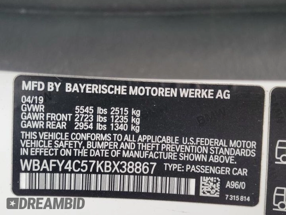 2019 BMW 8 Series M850i xDrive with VIN WBAFY4C57KBX38867, listed as a Copart auction lot 76091124 with 25,850 mi miles and Salvage title. Bid and sale history available at DreamBid. Image 14.