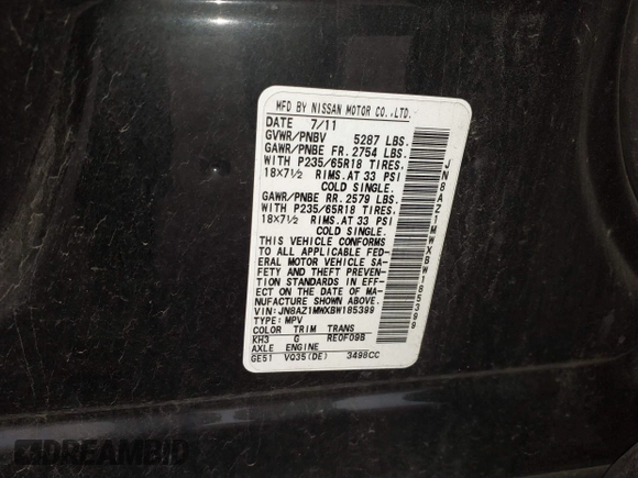 2011 Nissan Murano SV z VIN JN8AZ1MWXBW185399, wystawiony jako IAAI lot #42060072 z przebiegiem 170 587 mil mil oraz . Historia ofert i sprzedaży dostępna na DreamBid. Obrazek 9.