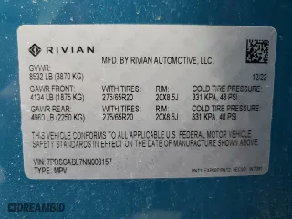 2022 Rivian R1S Launch Edition with VIN 7PDSGABL7NN003157, listed as a Copart auction lot 52926125 with 0 mi miles and Non Repairable. Bid and sale history available at carsss.com. Image 13.
