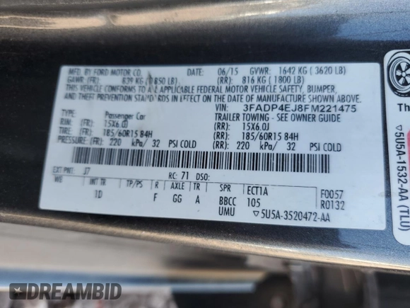2015 Ford Fiesta SE with VIN 3FADP4EJ8FM221475, listed as a Copart auction lot 52404805 with 115,642 mi miles and Salvage Title. Bid and sale history available at carsss.com. Image 12.