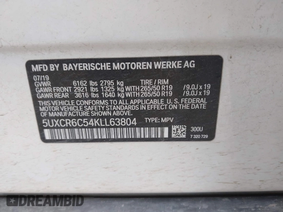 2019 BMW X5 xDrive40i z VIN 5UXCR6C54KLL63804, wystawiony jako IAAI lot #42189314 z przebiegiem Nie podano mil oraz . Historia ofert i sprzedaży dostępna na DreamBid. Obrazek 9.