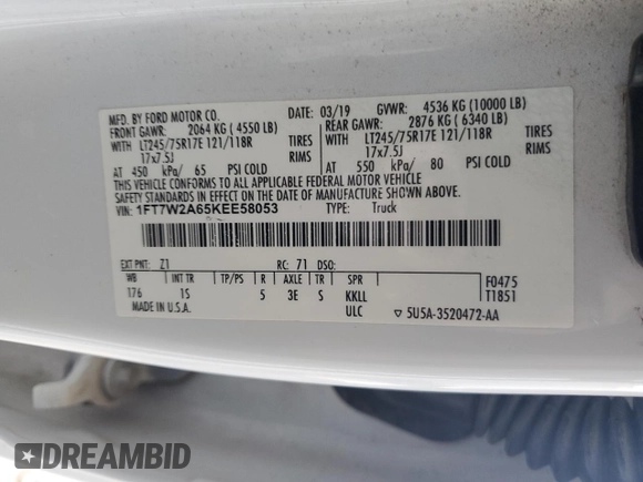 2019 Ford F-250 XL with VIN 1FT7W2A65KEE58053, listed as a Copart auction lot 57067615 with 96,407 mi miles and Salvage title. Bid and sale history available at DreamBid. Image 12.