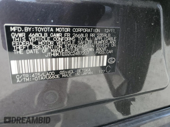 2012 Lexus ES 330 z VIN JTHBK1EG2C2487207, wystawiony jako Copart lot #54367925 z przebiegiem 140 116 mil mil oraz Szkoda całkowita • Salvage title. Historia ofert i sprzedaży dostępna na DreamBid. Obrazek 12.