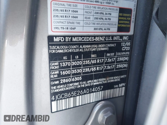 2006 Mercedes-Benz R 3.5L with VIN 4JGCB65E26A014057, listed as a IAAI auction lot 41099382 with Not provided miles and . Bid and sale history available at DreamBid. Image 9.