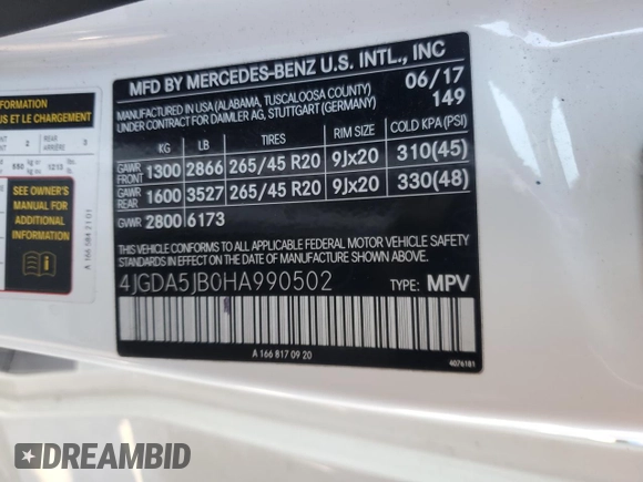 2017 Mercedes-Benz GLE 350 with VIN 4JGDA5JB0HA990502, listed as a Copart auction lot 56250315 with 62,832 mi miles and Salvage title. Bid and sale history available at DreamBid. Image 14.