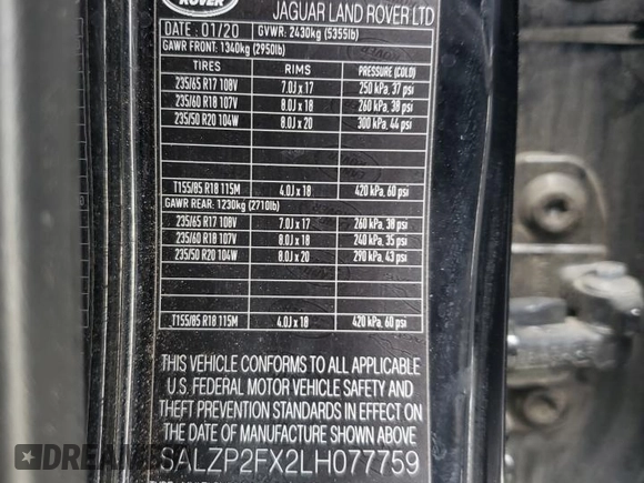 2020 Land Rover Range Rover Evoque SE z VIN SALZP2FX2LH077759, wystawiony jako Copart lot #54700005 z przebiegiem 84 446 mil mil oraz Czysty tytuł • Clean title. Historia ofert i sprzedaży dostępna na DreamBid. Obrazek 13.
