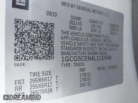 2020 Chevrolet Colorado 2WD LT with VIN 1GCGSCEN4L1132949, listed as a IAAI auction lot 41852903 with 206,115 mi miles and . Bid and sale history available at DreamBid. Image 9.