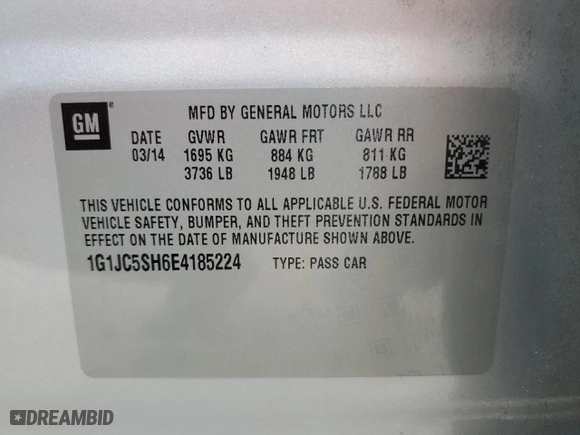 2014 Chevrolet Sonic LT with VIN 1G1JC5SH6E4185224, listed as a Copart auction lot 41886775 with 139,451 mi miles and Salvage Title. Bid and sale history available at carsss.com. Image 12.