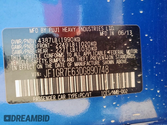 2013 Subaru WRX WRX with VIN JF1GR7E63DG890748, listed as a Copart auction lot 60838615 with 124,256 mi miles and Clean title. Bid and sale history available at DreamBid. Image 13.