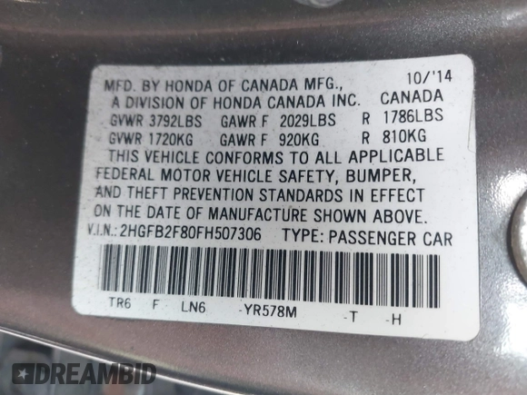 2015 Honda Civic EX with VIN 2HGFB2F80FH507306, listed as a IAAI auction lot 40719705 with 102,148 mi miles and . Bid and sale history available at DreamBid. Image 9.