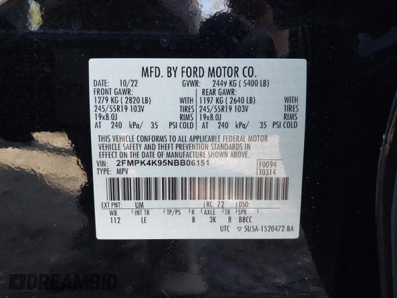 2022 Ford Edge Titanium with VIN 2FMPK4K95NBB06151, listed as a IAAI auction lot 41932545 with 57,762 mi miles and . Bid and sale history available at DreamBid. Image 9.