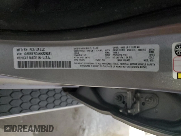 2022 Ram 1500 Big Horn with VIN 1C6RREFG4NN325881, listed as a Copart auction lot 60715695 with 93,313 mi miles and Clean title. Bid and sale history available at DreamBid. Image 12.