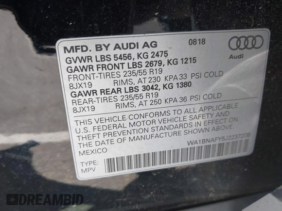 2018 Audi Q5 Premium Plus z VIN WA1BNAFY5J2237208, wystawiony jako IAAI lot #39738297 z przebiegiem 93 523 mil mil oraz . Historia ofert i sprzedaży dostępna na DreamBid. Obrazek 9.