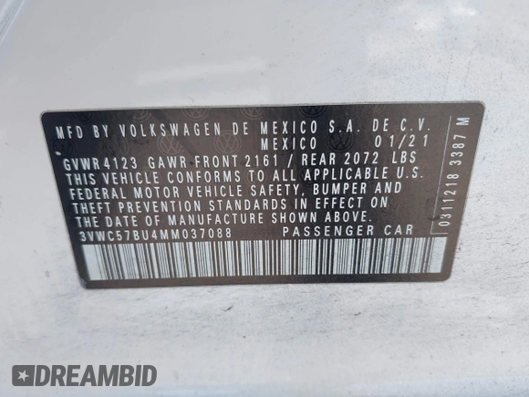 2021 Volkswagen Jetta S z VIN 3VWC57BU4MM037088, wystawiony jako IAAI lot #42087111 z przebiegiem 82 728 mil mil oraz . Historia ofert i sprzedaży dostępna na DreamBid. Obrazek 9.
