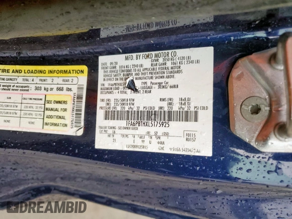 2020 Ford Mustang EcoBoost with VIN 1FA6P8THXL5175925, listed as a Copart auction lot 60985885 with 70,878 mi miles and Salvage title. Bid and sale history available at DreamBid. Image 12.
