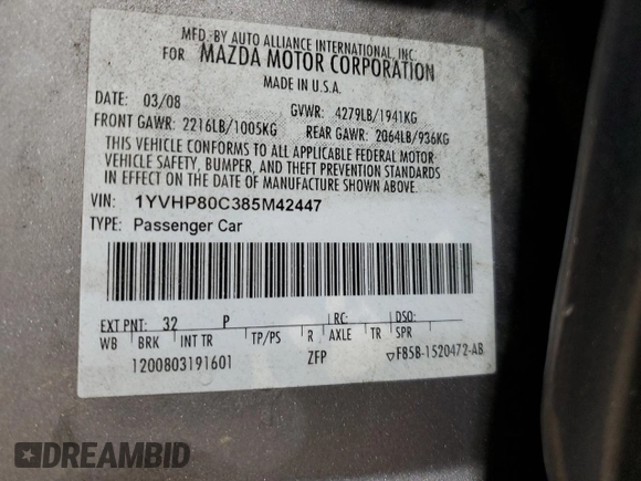 2008 Mazda 6 i Sport VE with VIN 1YVHP80C385M42447, listed as a Copart auction lot 54915095 with 110,038 mi miles and Salvage Title. Bid and sale history available at DreamBid. Image 12.