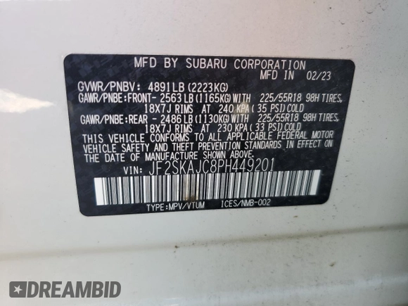 2023 Subaru Forester Special Sports with VIN JF2SKAJC8PH449201, listed as a Copart auction lot 61454295 with 23,967 mi miles and Salvage title. Bid and sale history available at DreamBid. Image 14.