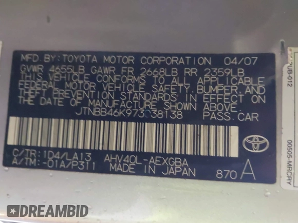 2007 Toyota Camry z VIN JTNBB46K973038138, wystawiony jako IAAI lot #42233680 z przebiegiem 230 480 mil mil oraz . Historia ofert i sprzedaży dostępna na DreamBid. Obrazek 9.