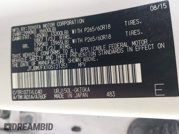2016 Lexus GX 460 with VIN JTJBM7FX1G5121351, listed as a IAAI auction lot 42495620 with 164,258 mi miles and . Bid and sale history available at DreamBid. Image 9.