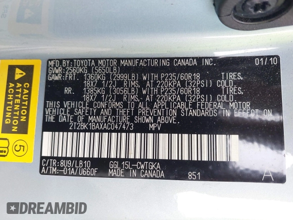 2010 Lexus RX 350 with VIN 2T2BK1BAXAC047473, listed as a IAAI auction lot 42187778 with 150,347 mi miles and . Bid and sale history available at DreamBid. Image 9.